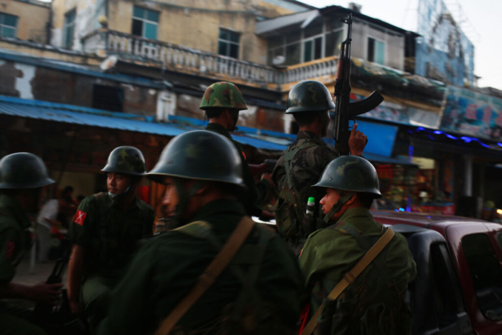 Soldiers of Kachin Independence Army (KIA) patrol around the town in the evening. Recent fight between Myanmar government and KIA at the Mansi area awakes Laiza to stay alert.